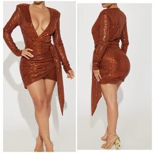 Fashion Nova Sequin Wrap Mini Dress M Bronze Long Sleeve Ruched Party Club